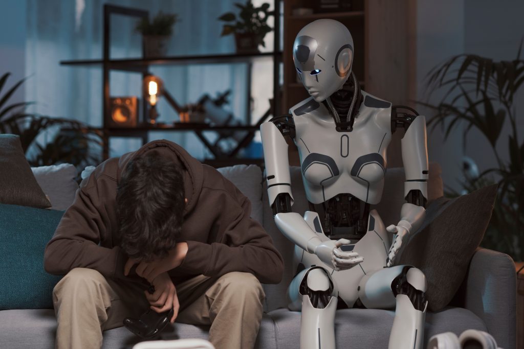 AIが男性を見ている。
男性はAIと比べられて落ち込まれている。
AIは慰めている。